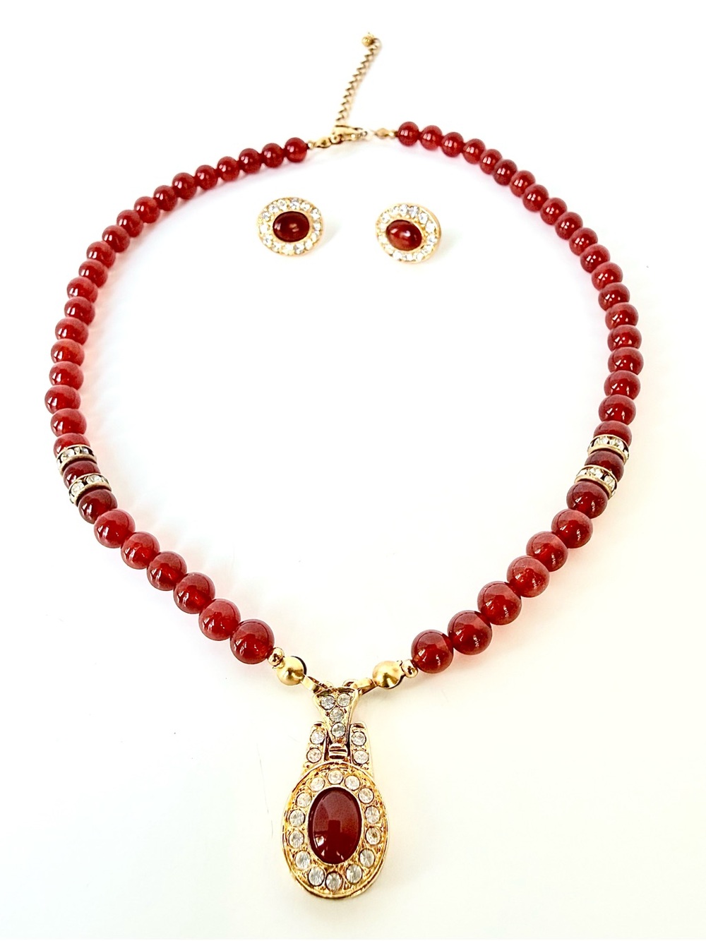 Vintage Gold-Tone Red Beaded Pendant Necklace and Stud Earrings